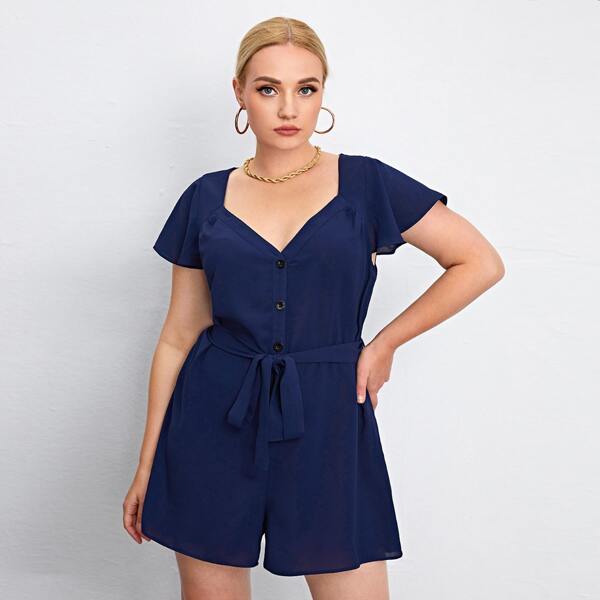 

Plus Flutter Sleeve Belted Romper, Navy blue