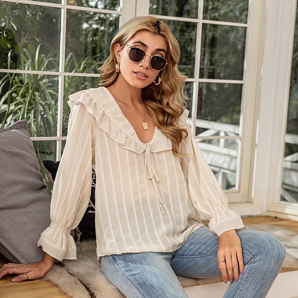 

Striped Knot Front Ruffle Blouse, Beige