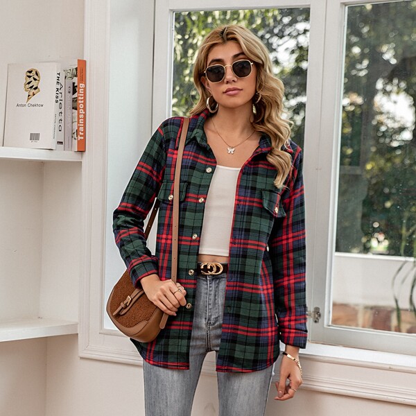

Button Front Flap Detail Plaid Blouse, Multicolor