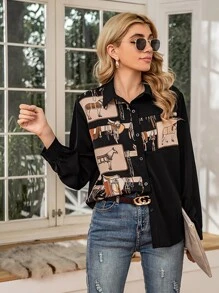 EMERY ROSE 前紐扣馬印花襯衫 - 黑色 - 查看 1