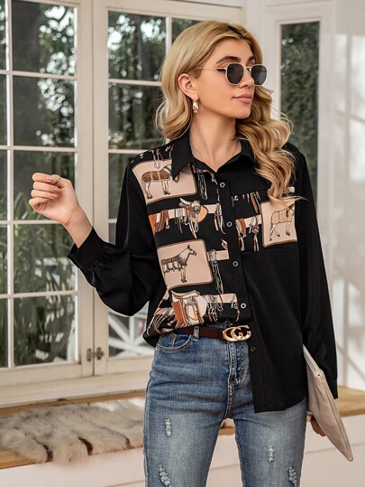 قميص أزرار أمامية طباعة الحصان