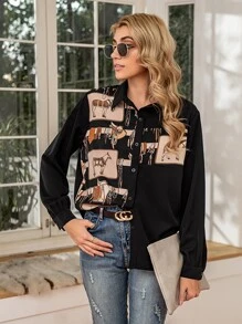 EMERY ROSE 前紐扣馬印花襯衫 - 黑色 - 查看 5