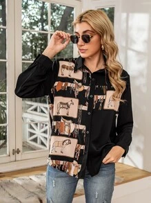 EMERY ROSE 前紐扣馬印花襯衫 - 黑色 - 查看 7