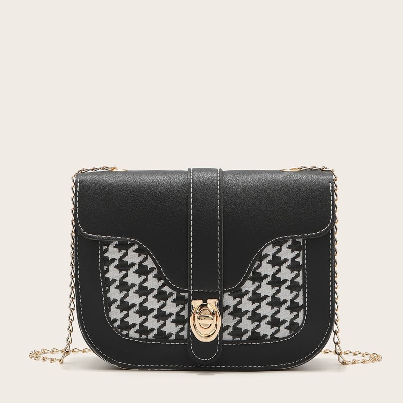 

Houndstooth Chain Crossbody Bag, Black