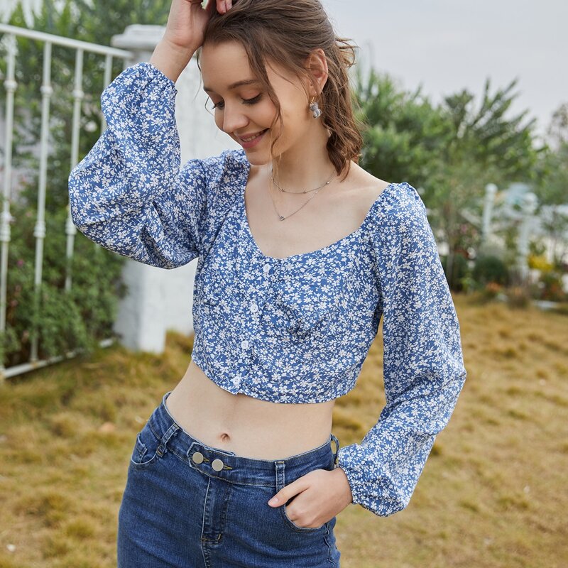 

Ditsy Floral Button Front Blouse, Blue and white
