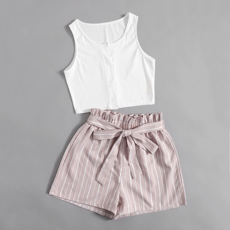

Solid Button Front Tank Top & Striped Shorts, Multicolor