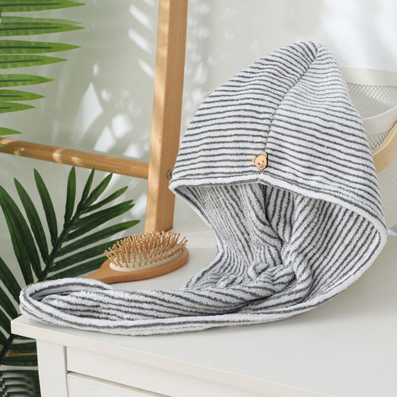 

1pc Striped Pattern Random Button Hair Drying Cap, Grey