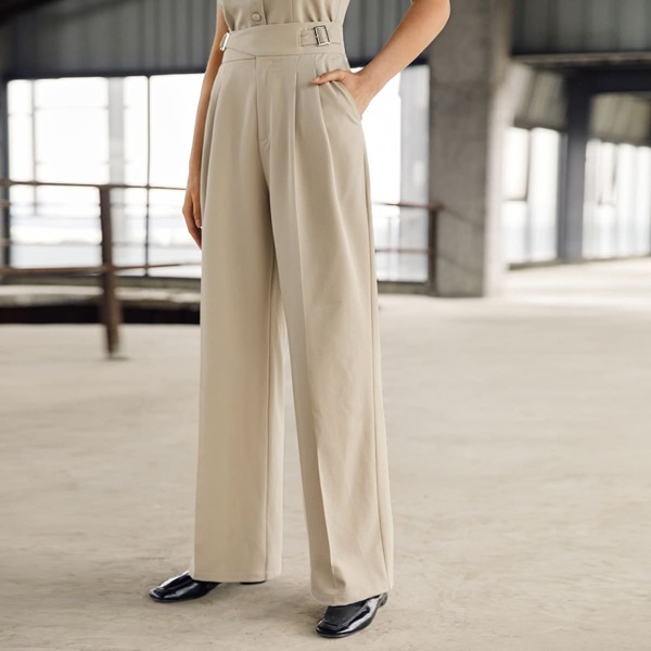 

Buckle Strap Fold Pleated Tailored Pants, Khaki