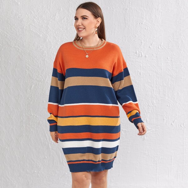 

Plus Drop Shoulder Colorblock Sweater Dress, Multicolor