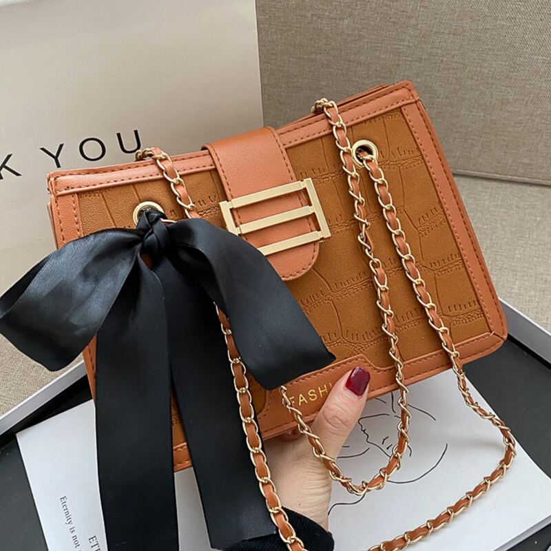 

Bow Knot Croc Embossed Chain Crossbody Bag, Orange