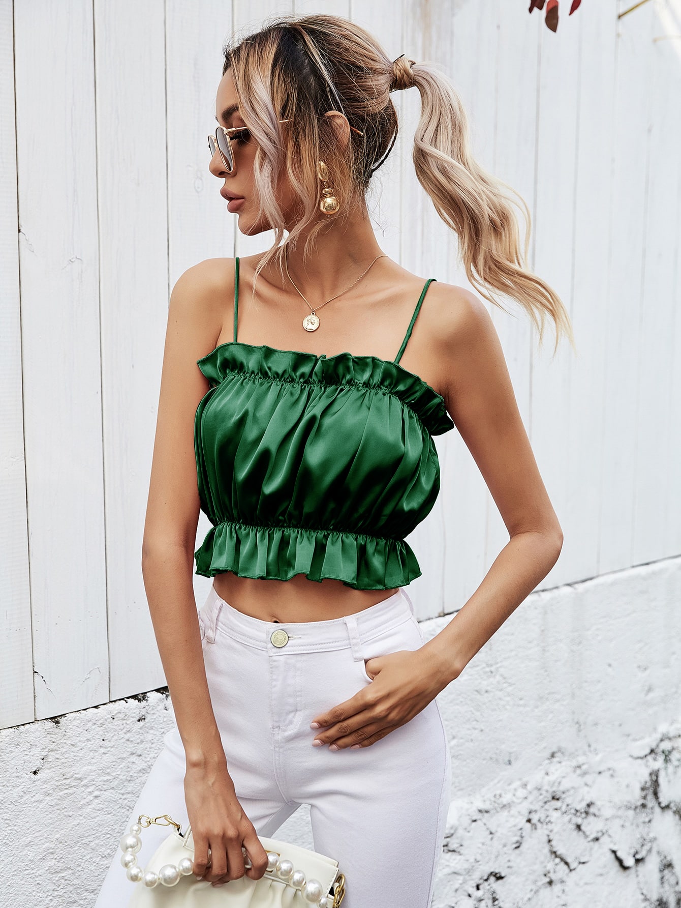 Frill Trim Ruched Bust Cami Top thumbnail