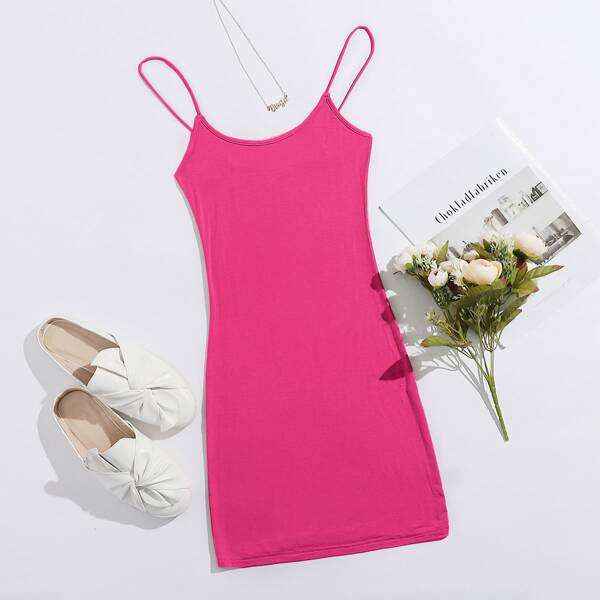 

Solid Fitted Slip Dress, Hot pink bright