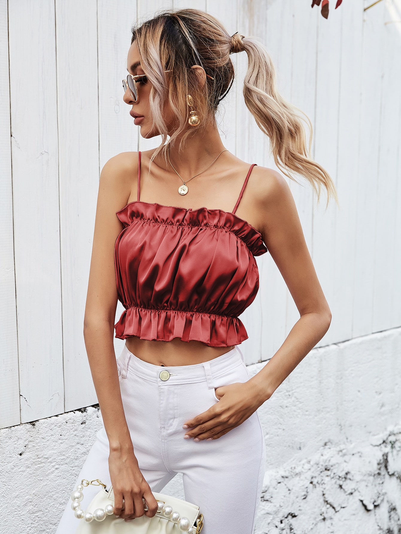 Frill Trim Ruched Bust Cami Top thumbnail