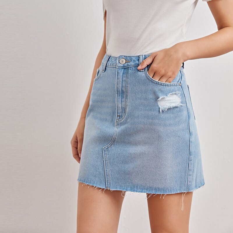 

Raw Hem Ripped Denim Skirt, Light wash