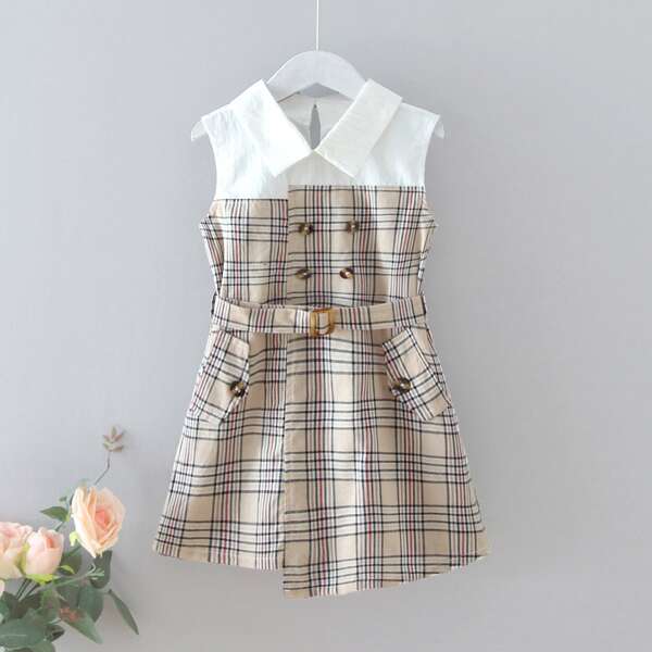 

Toddler Girls Plaid Panel Double-breasted Belted Dress, Multicolor