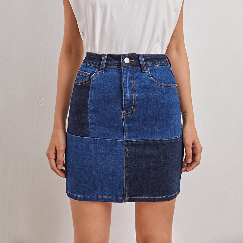 

Slant Pocket Colorblock Straight Denim Skirt, Medium wash