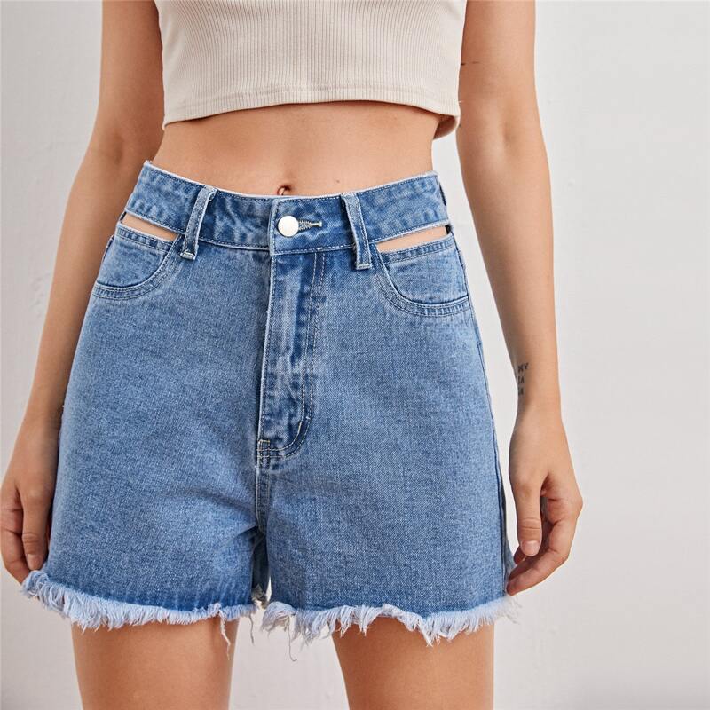 

Cut-out Raw Hem Denim Shorts, Light wash