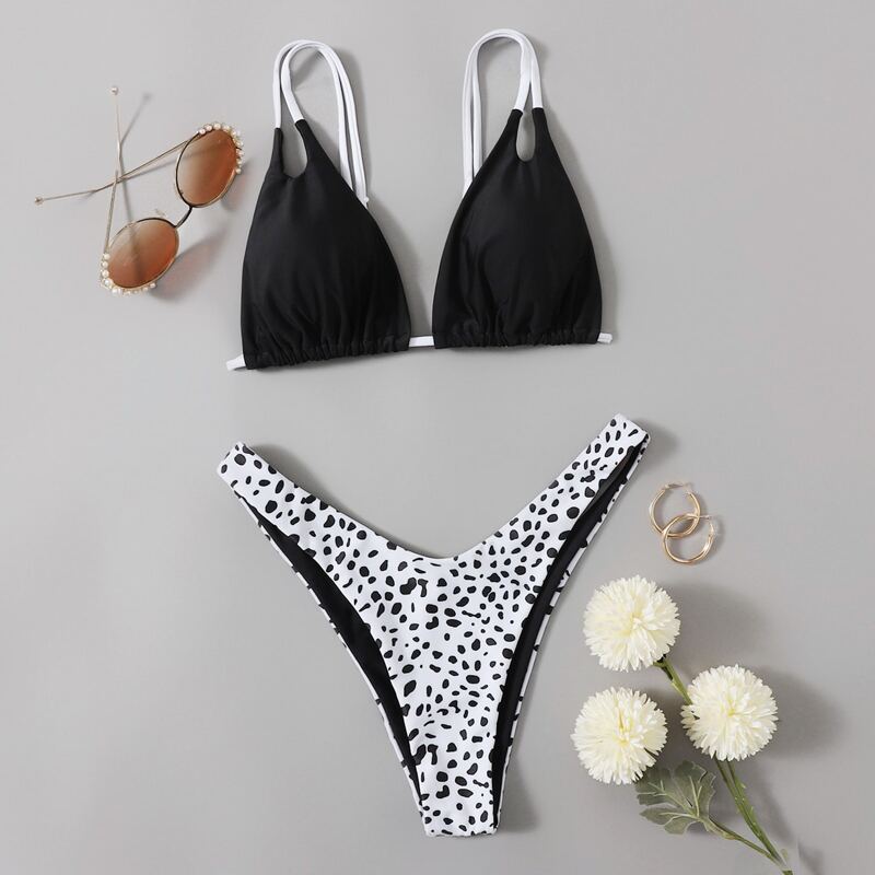 

Dalmatian High Cut Bikini Swimsuit, Black and white