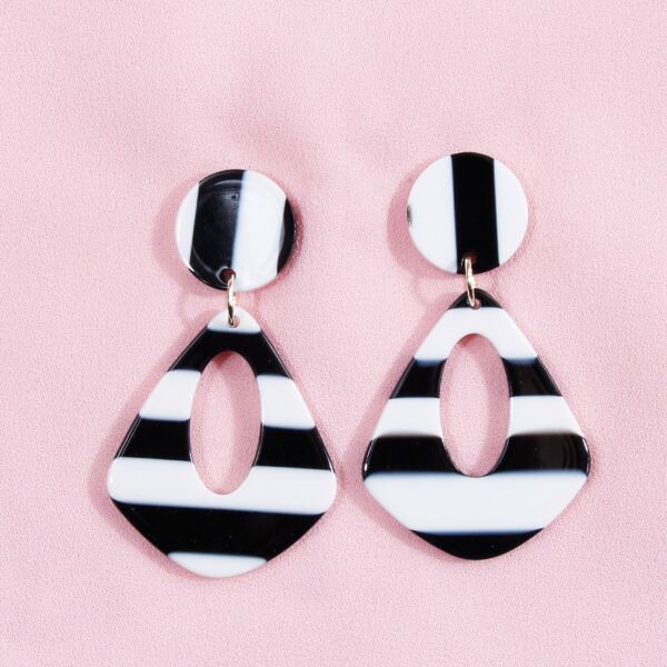 

Striped Geometric Drop Earrings, Black and white
