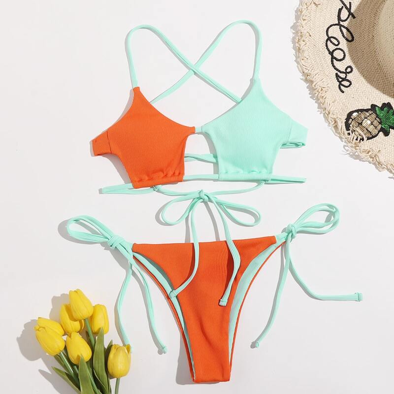 

Colorblock Cut Out Tie Side Bikini Swimsuit, Multicolor
