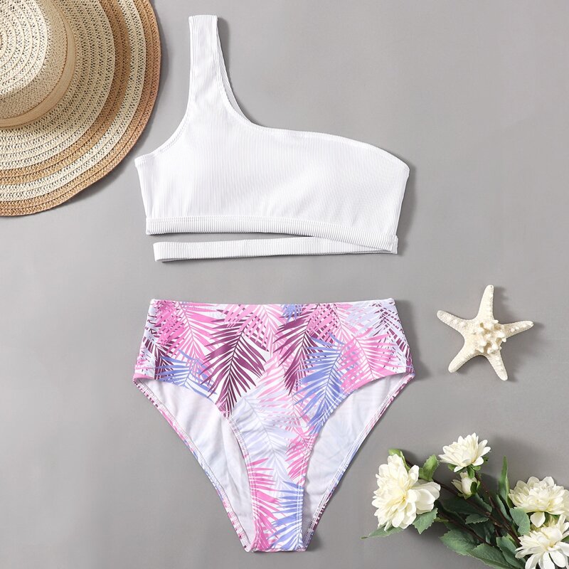 

One Shoulder Tropical Leaf Graphic Bikini Swimsuit, Multicolor