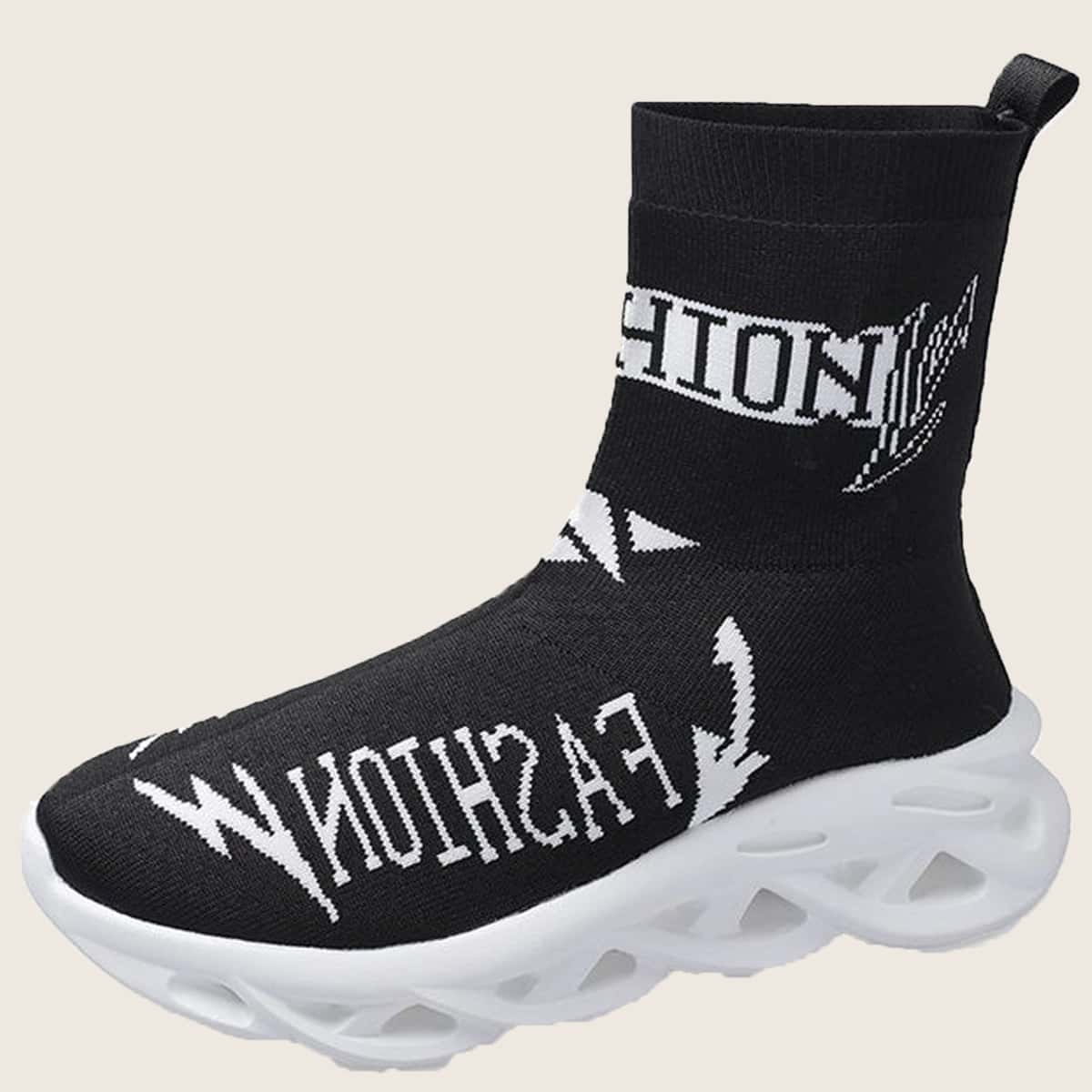 

Letter Print Chunky Sock Sneakers, Black