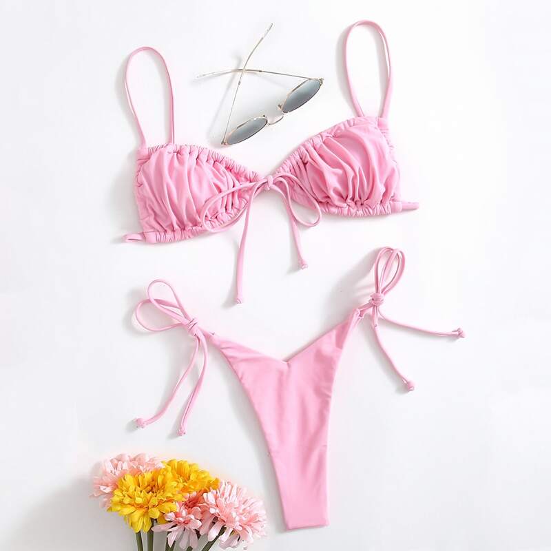 

Solid Ruched Tie Side Bikini Swimsuit, Baby pink