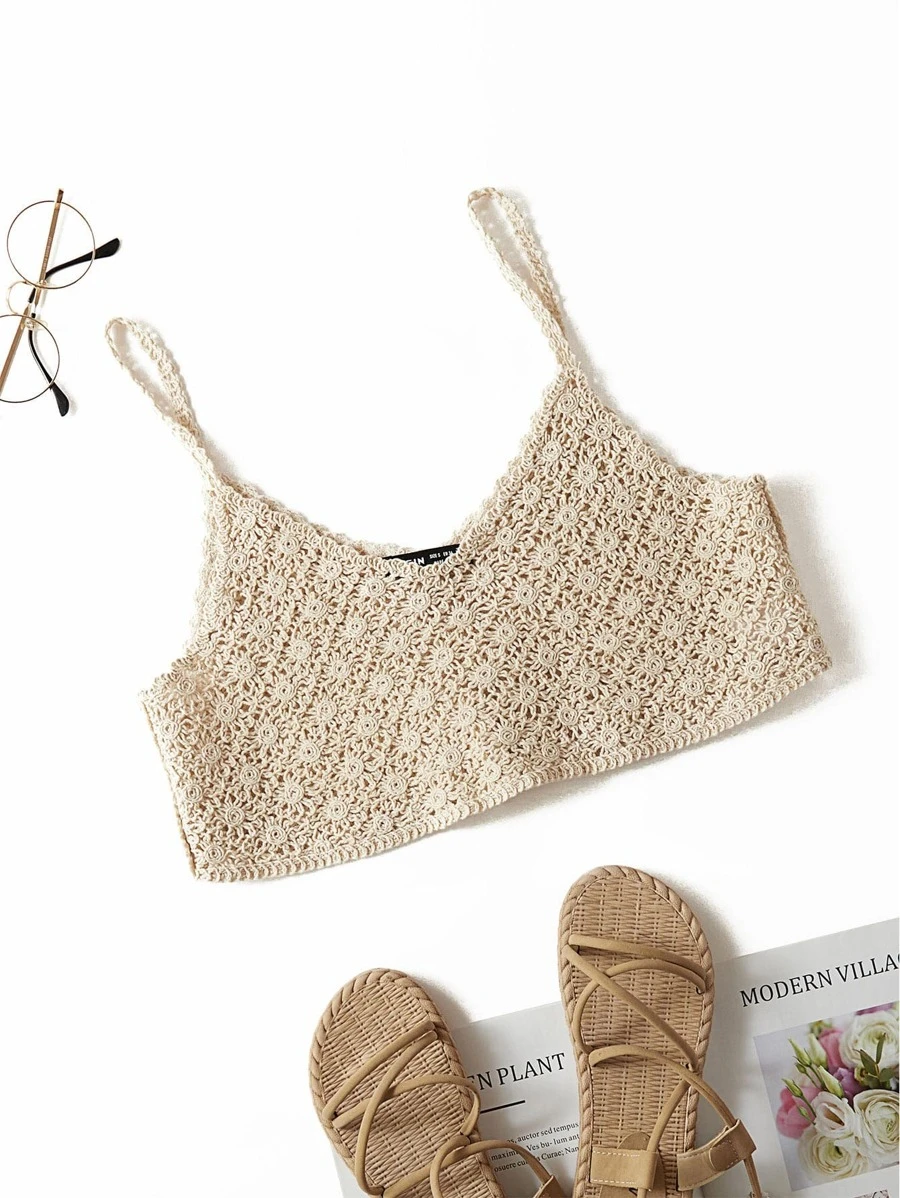 SHEIN Holidaya Top de tirantes corto de croché unicolor - Albaricoque - Ver 1