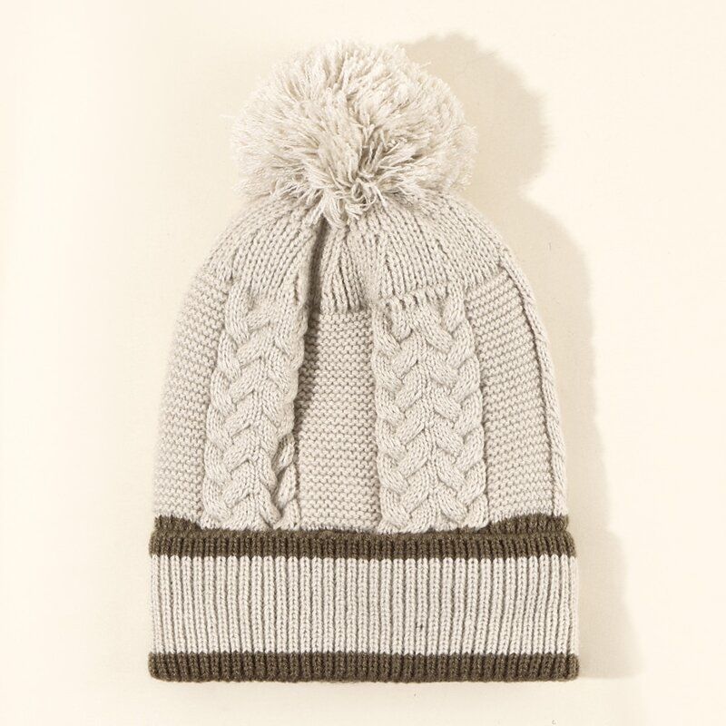 

Pom Pom Striped Beanie, Beige