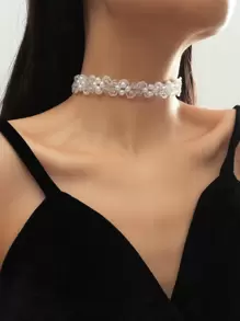 人造珍珠裝飾頸鍊 - 白色 - 查看 1