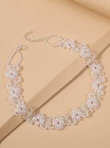 人造珍珠裝飾頸鍊 - 白色 - 查看 2