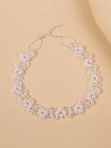 人造珍珠裝飾頸鍊 - 白色 - 查看 4