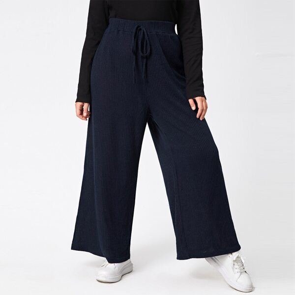 

Plus Solid Ribbed Wide Leg Pants, Navy blue