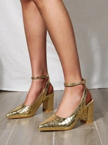 Zapatos de salón con tacón grueso y relieve de cocodrilo - Dorado - Ver 2