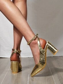 Zapatos de salón con tacón grueso y relieve de cocodrilo - Dorado - Ver 4