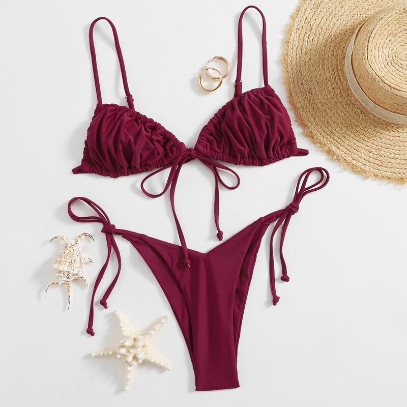 

Solid Ruched Tie Side Bikini Swimsuit, Maroon