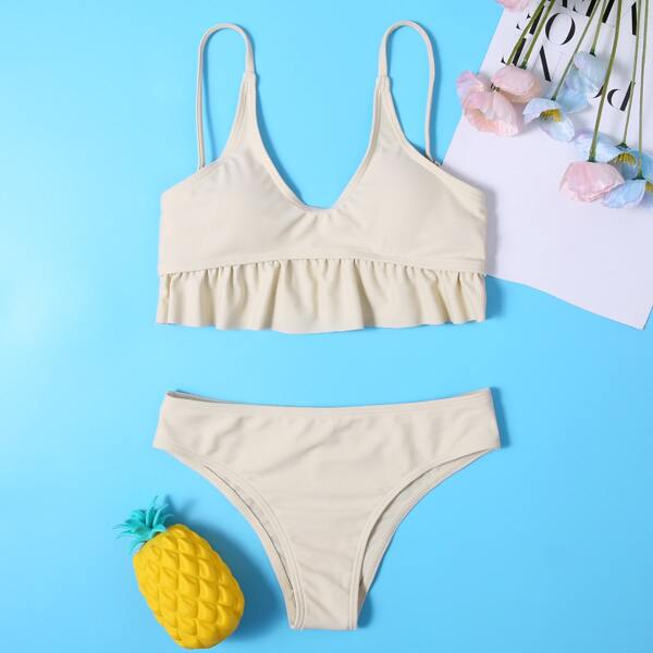 

Girls Ruffle Hem Bikini Swimsuit, Beige