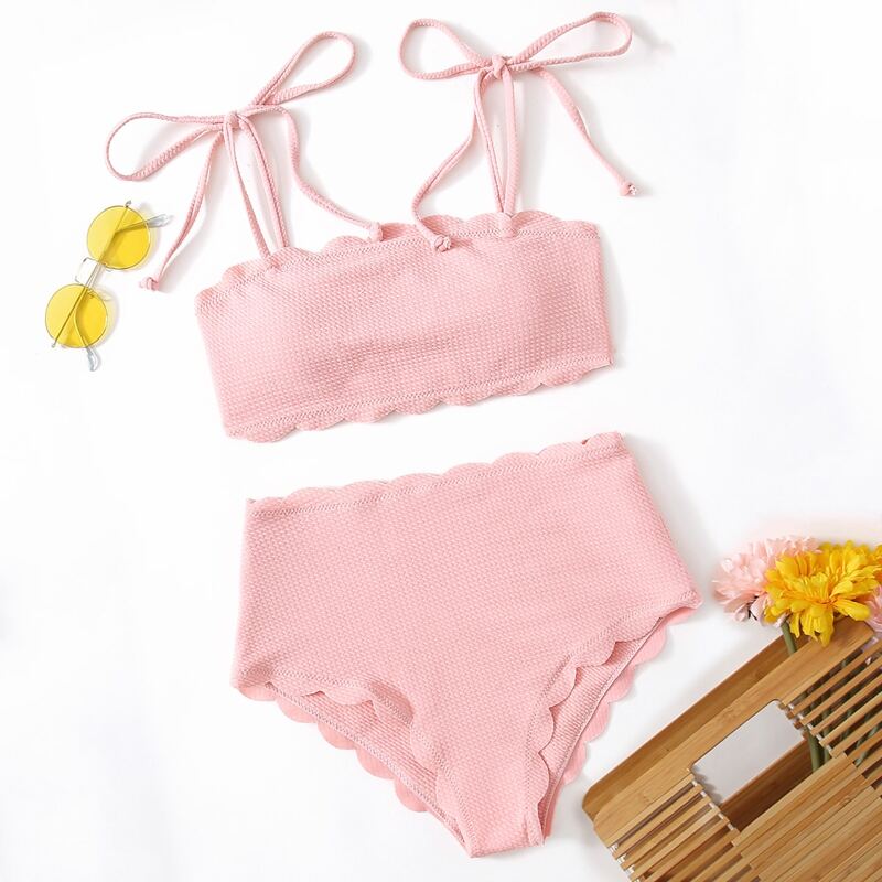 

Solid High Waist Bikini Swimsuit, Baby pink