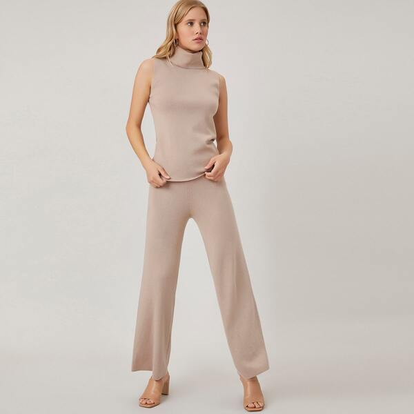 

CASHMERE BLEND TURTLENECK TOP & PANTS SET, Apricot