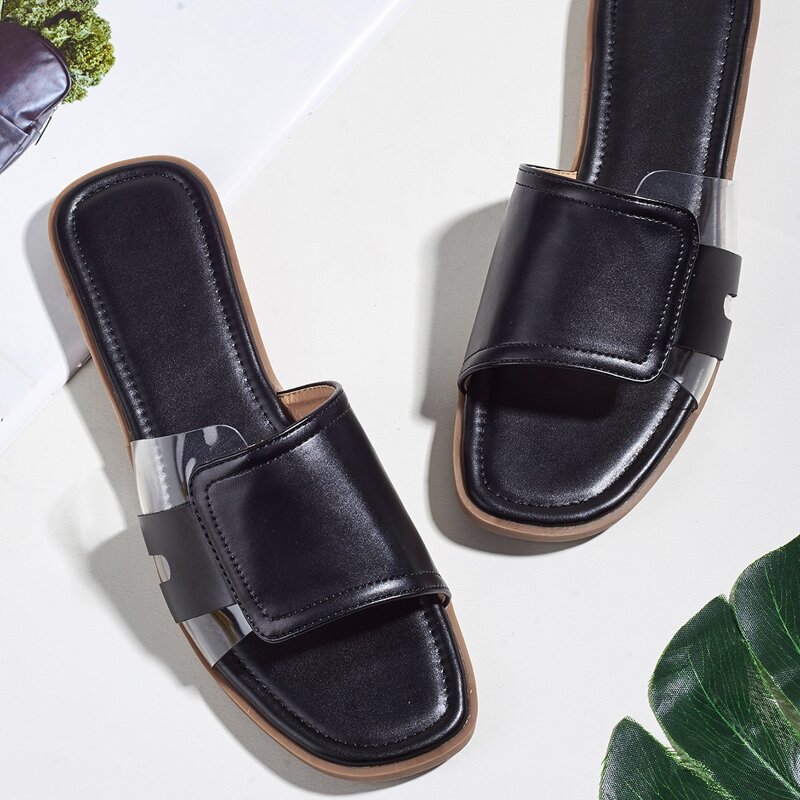 

Clear Band Flat Slide Sandals, Black