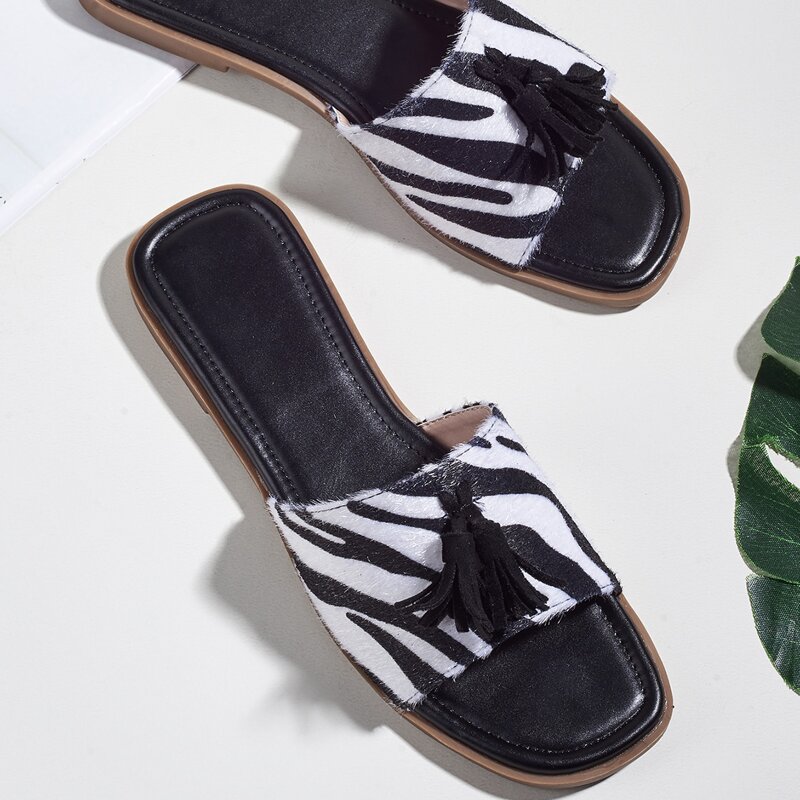 

Tassel Zebra Striped Slide Sandals, Black