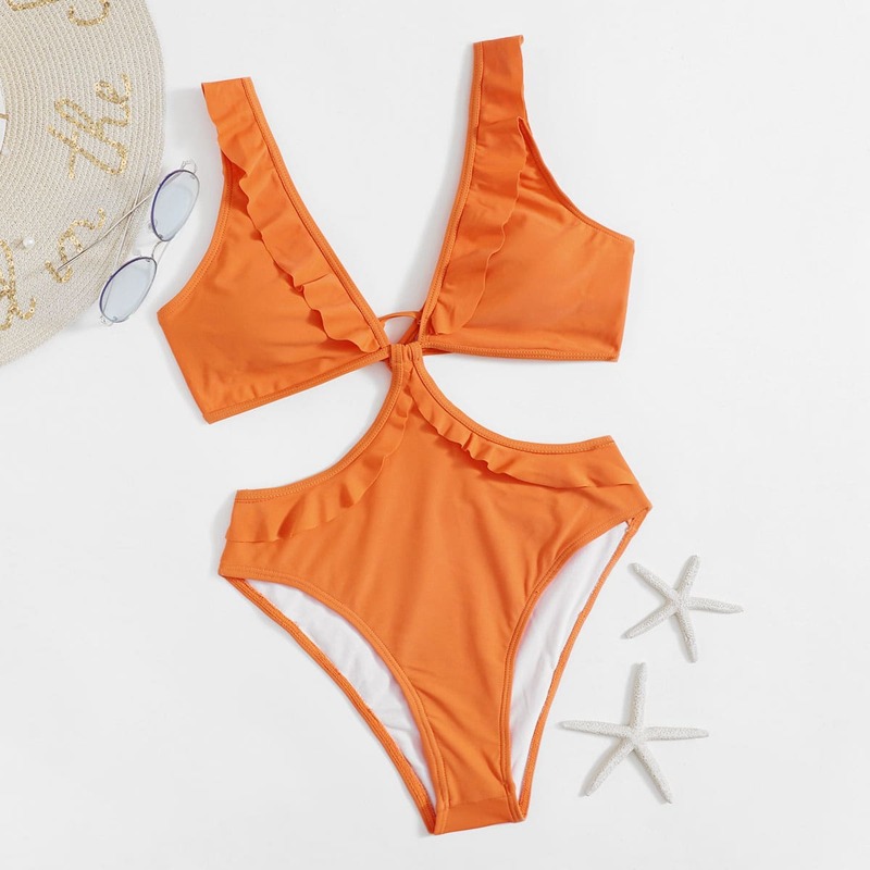 

Solid Ruffle One Piece Swimsuit, Orange