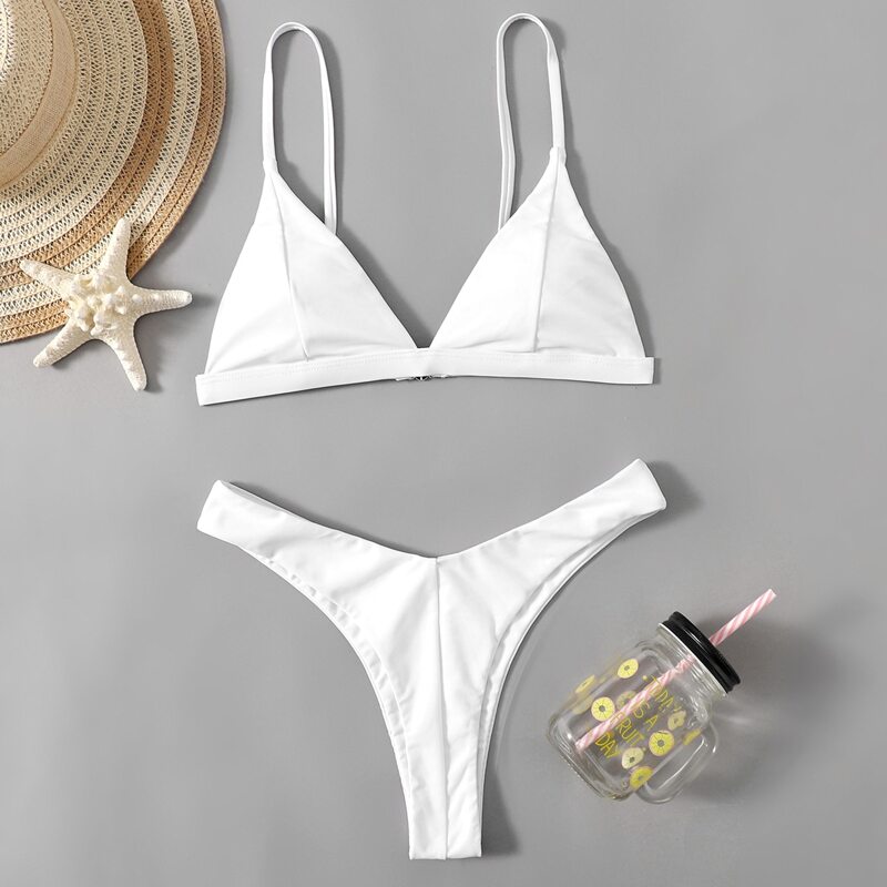 

Solid Triangle High Cut Bikini Swimsuit, White
