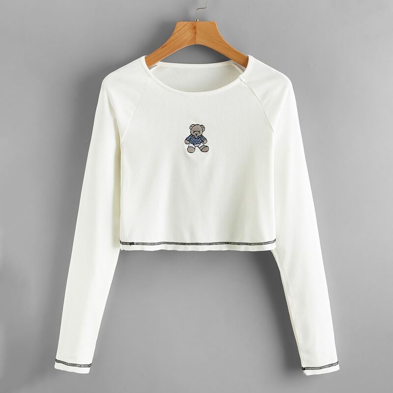 

Cartoon Bear Embroidery Ribbed Tee, White