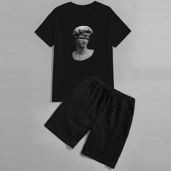 

Men Sculpture Print Tee & Drawstring Track Shorts, Black