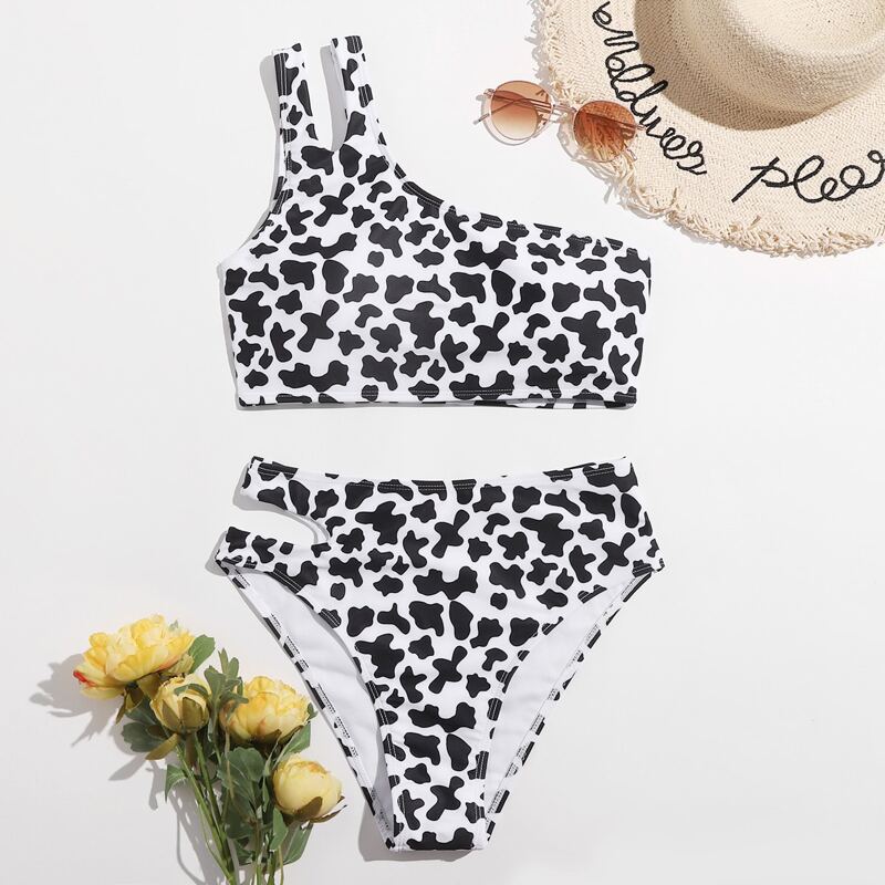 

Cow Print One Shoulder Bikini Swimsuit, Black and white