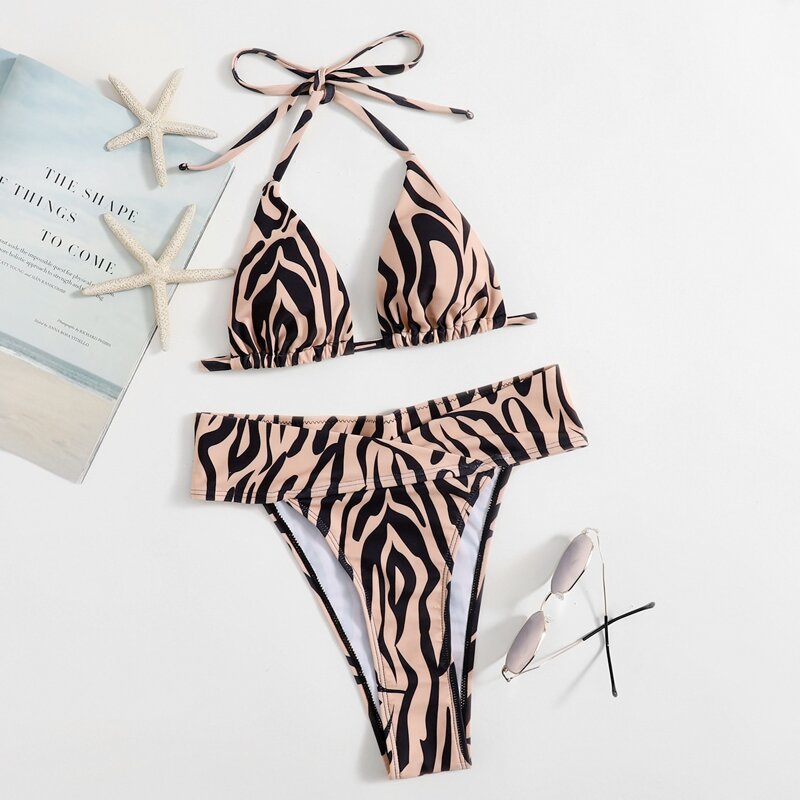 

Zebra Striped Triangle High Waist Bikini Swimsuit, Multicolor