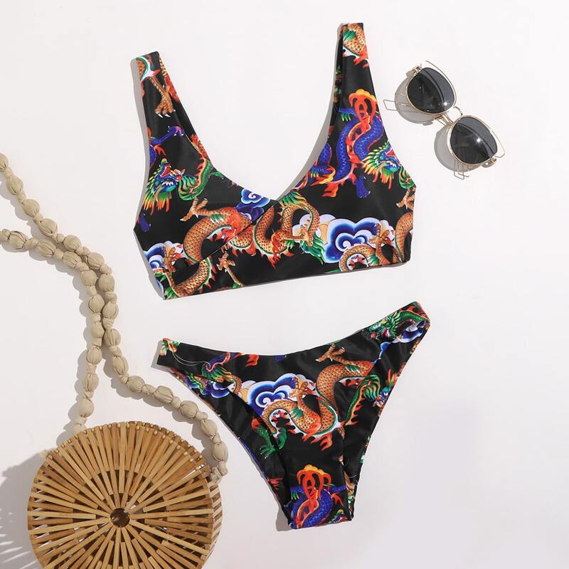 

Chinese Dragon Graphic Bikini Swimsuit, Black