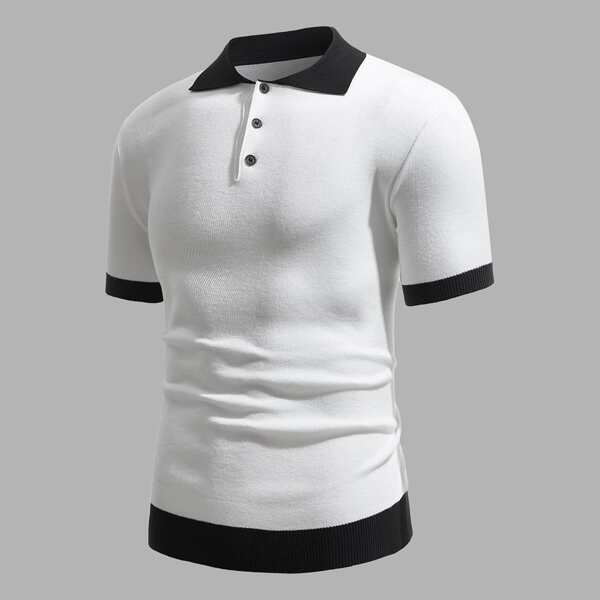 

Men Contrast Binding Knit Polo Shirt, White