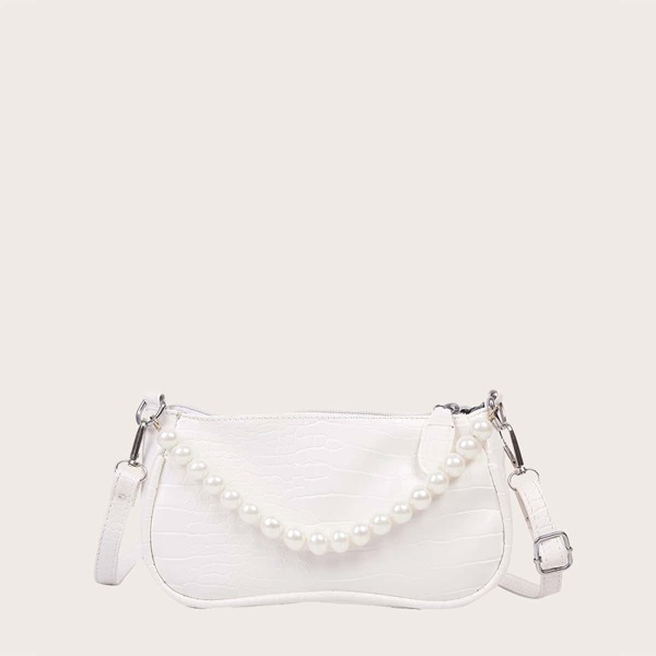

Girls Faux Pearl Decor Croc Embossed Baguette Bag, White